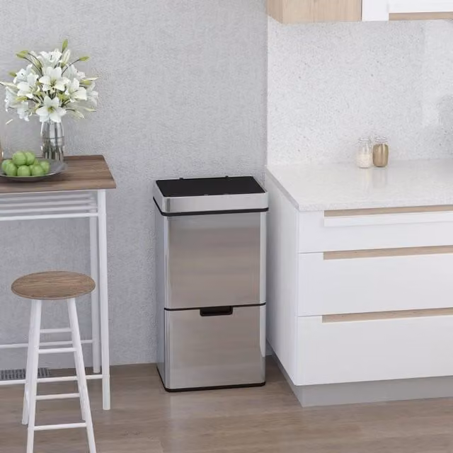 Pattumiera con sensore WISHDOR da 72 L in acciaio inox e plastica con 3 scomparti per la raccolta differenziata, colore argento