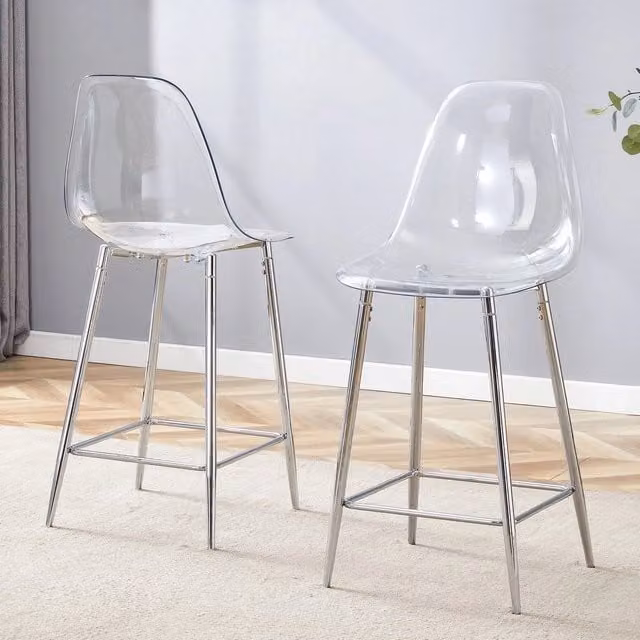 Set di 2 sgabelli da bar Minimal in metallo e plastica per cucina e sala da pranzo, disponibili in argento, oro, nero o trasparente, H: 102 cm