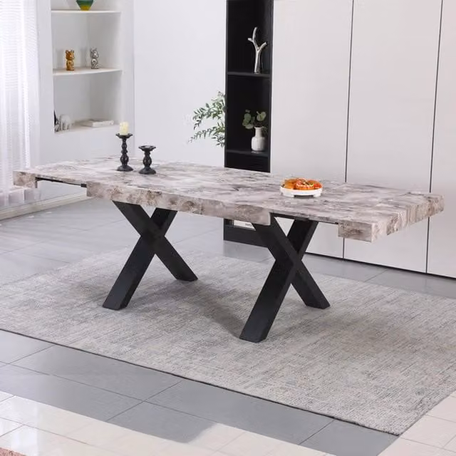Tavolo allungabile Cindy con piano effetto marmo grigio e gambe nere