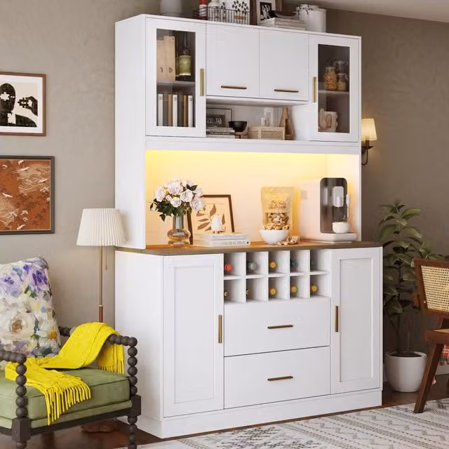 Credenza da cucina alta con 6 ante, 2 cassetti, portabottiglie, LED e prese USB, in MDF, bianca e nera, 120 × 36.3 × 180 cm