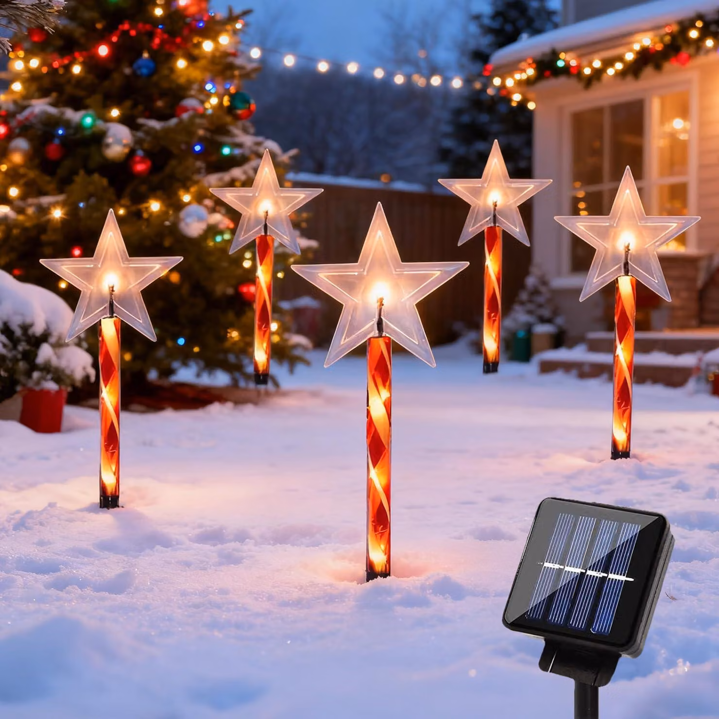 Set di 5 luci solari a forma di stella, grado di protezione IP65, luce bianco caldo, per decorazioni natalizie da esterno