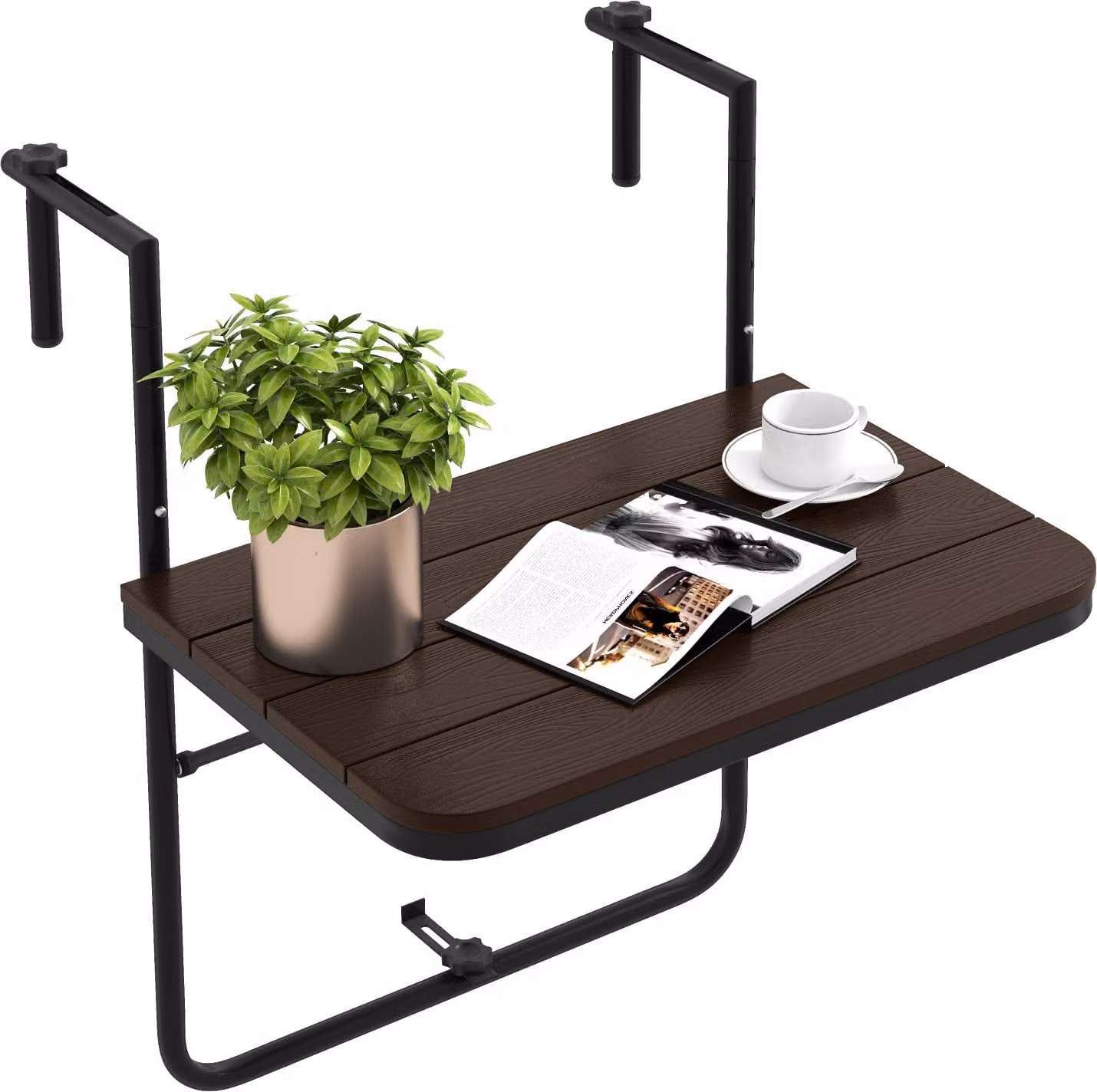 COSTWAY tavolo pieghevole da appendere con altezza regolabile a 3 livelli per ringhiera del balcone, resistente alle intemperie, 60x40cm, marrone