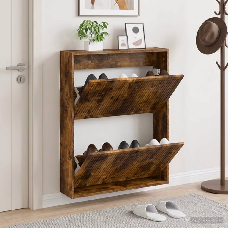 vidaXL Mobiletto per Scarpe da Muro Moderno in Rovere Fumo, L: 71 cm, P: 17 cm, H: 86 cm