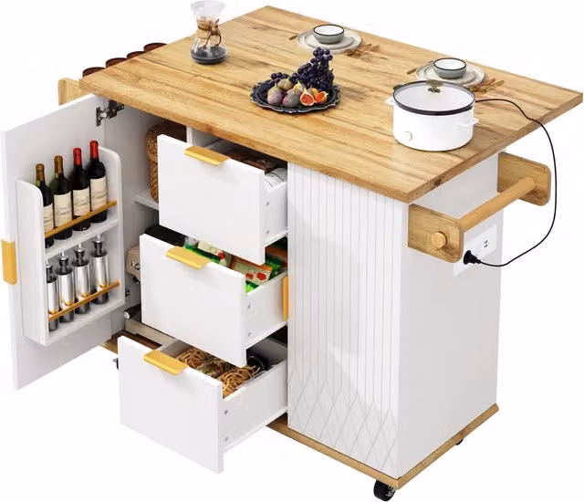 Isola cucina mobile con piano allungabile, carrello cucina bianco effetto legno in MDF e metallo, L x B x H: 134 x 46 x 88 cm