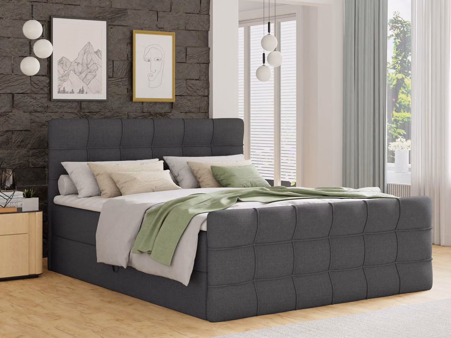 Letto boxspring Best Lux con pediera, 2 contenitori, materasso Bonell e topper (grigio scuro (Inari 94), 140 x 200 cm)