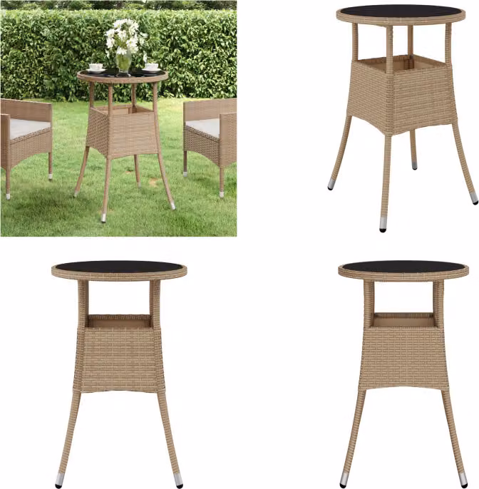 vidaXL Tavolo da giardino Ø60x75 cm in vetro temperato e Poly Rattan Beige - Tavolo da giardino - Tavoli da giardino - Tavolo da pranzo da giardino - Tavolo da pranzo per esterni