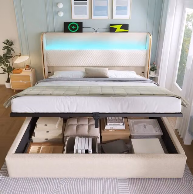 Letto matrimoniale MODFU con contenitore e testiera imbottita in tessuto beige, dotato di illuminazione LED, porta USB/Type-C e base a sollevamento, dimensioni 180 x 200 cm