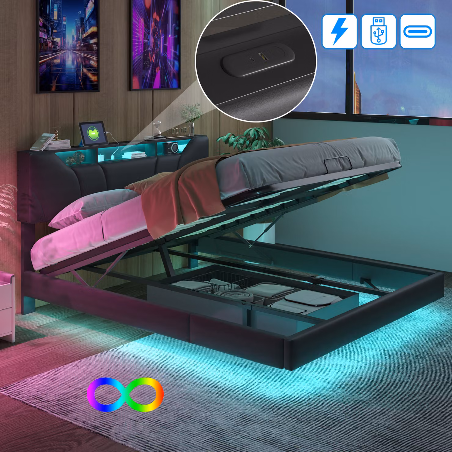 Letto imbottito ProximaX 140x200cm con connessione USB, letto a molle idrauliche con contenitore, letto matrimoniale per ragazzi con LED e rete a doghe e contenitore per la testata con LED