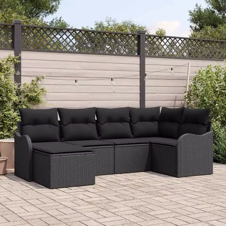Set Divano da Giardino a L vidaXL in Polyrattan Nero con Cuscini e Ottoman, 6 Pezzi