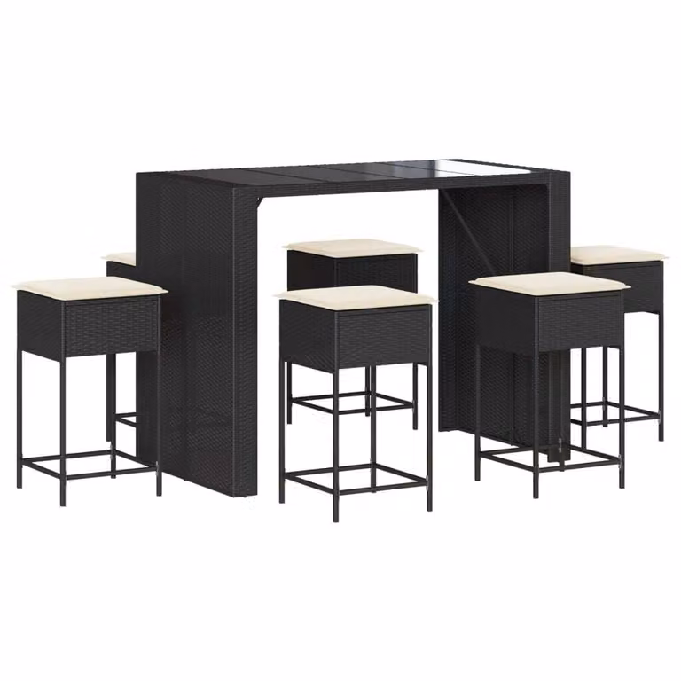 Set Bar da Giardino 7 pz con Cuscini in Polyrattan Nero