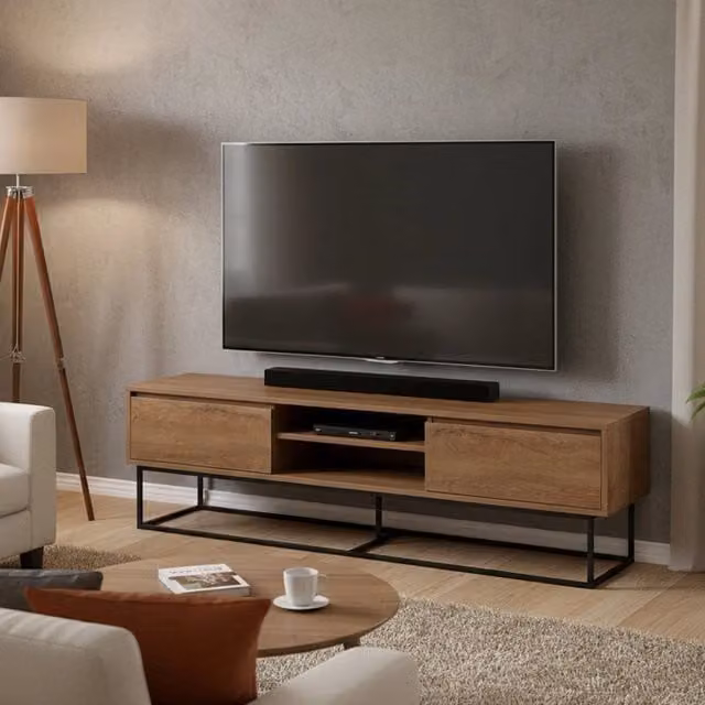 Mobile porta TV Corinna DMORA, Credenza da soggiorno moderna in legno e metallo, L: 180 cm, P: 40 cm, H: 50 cm, Noce e Nero – 1