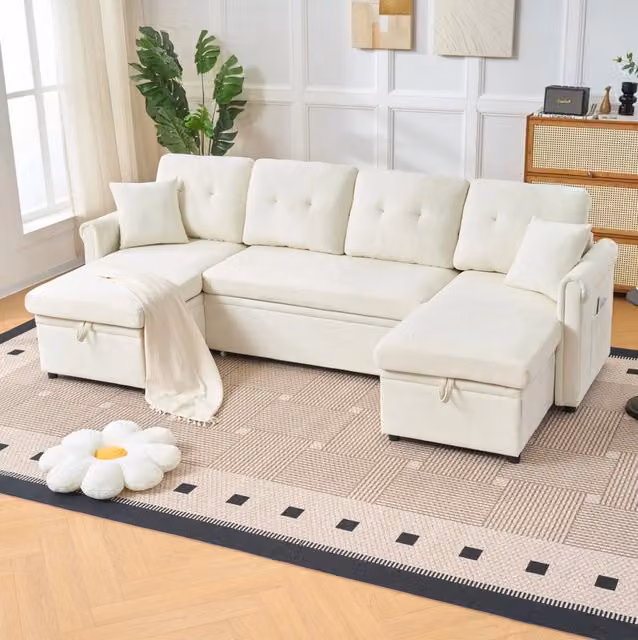Divano letto angolare a U 266x130 cm in ciniglia beige con contenitore HOMVRA
