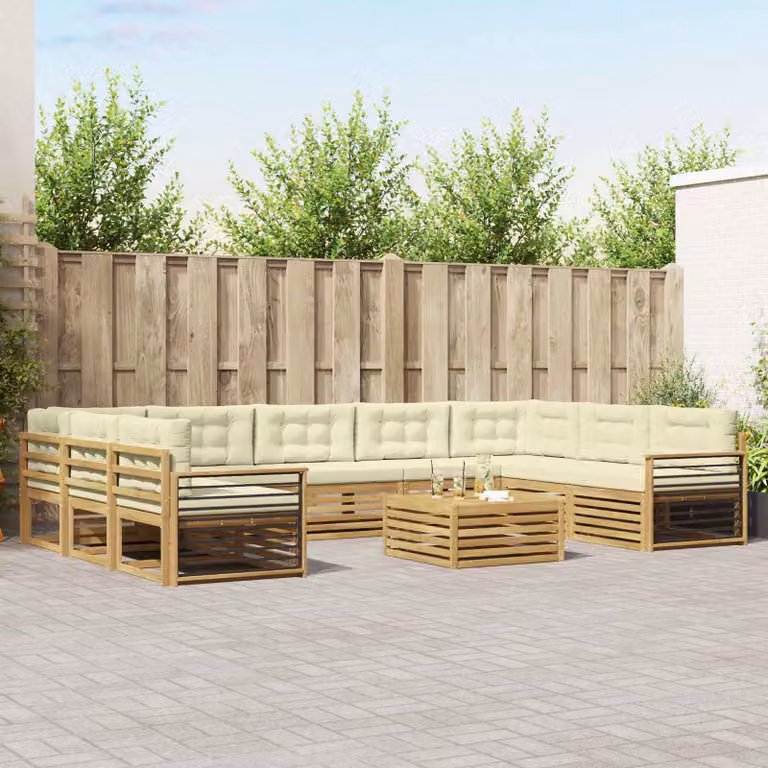 vidaXL Set di divani da esterno moderno in legno di acacia, 10 pezzi, Bianco, Beige e Marrone