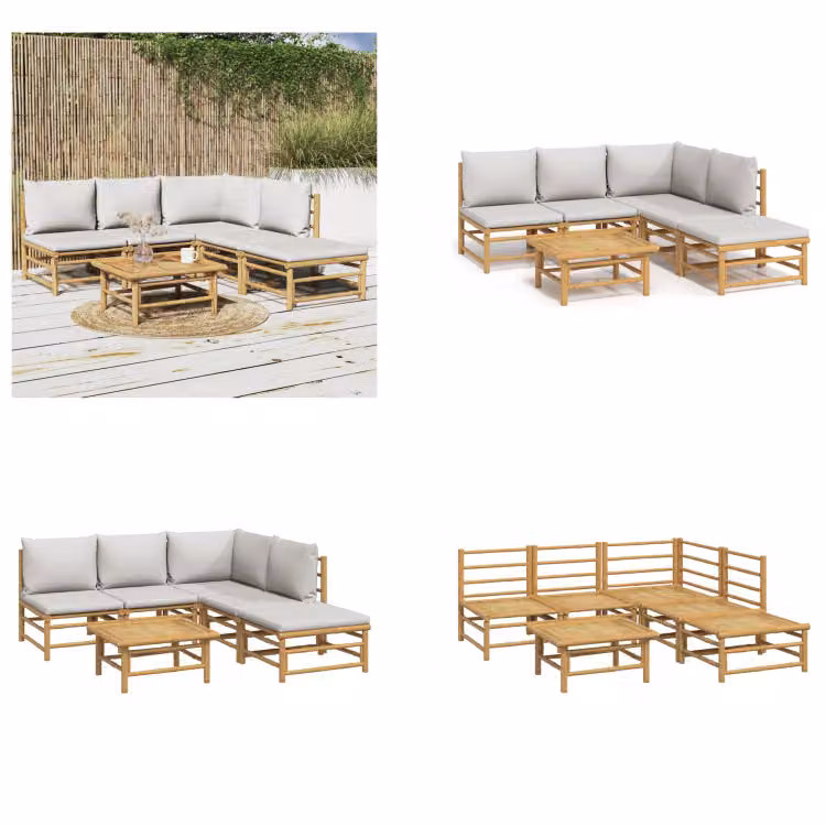 vidaXL Set da salotto da giardino in 6 pezzi con cuscini in bambù grigio chiaro - Set da salotto da giardino - Set da salotto - Set da arredo da giardino