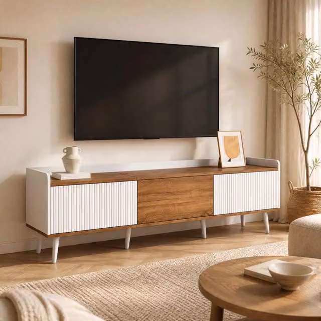 Mobile TV ULEVR 160x39x49,5 cm con 3 ante, bordo rialzato e gambe in legno, bianco e naturale