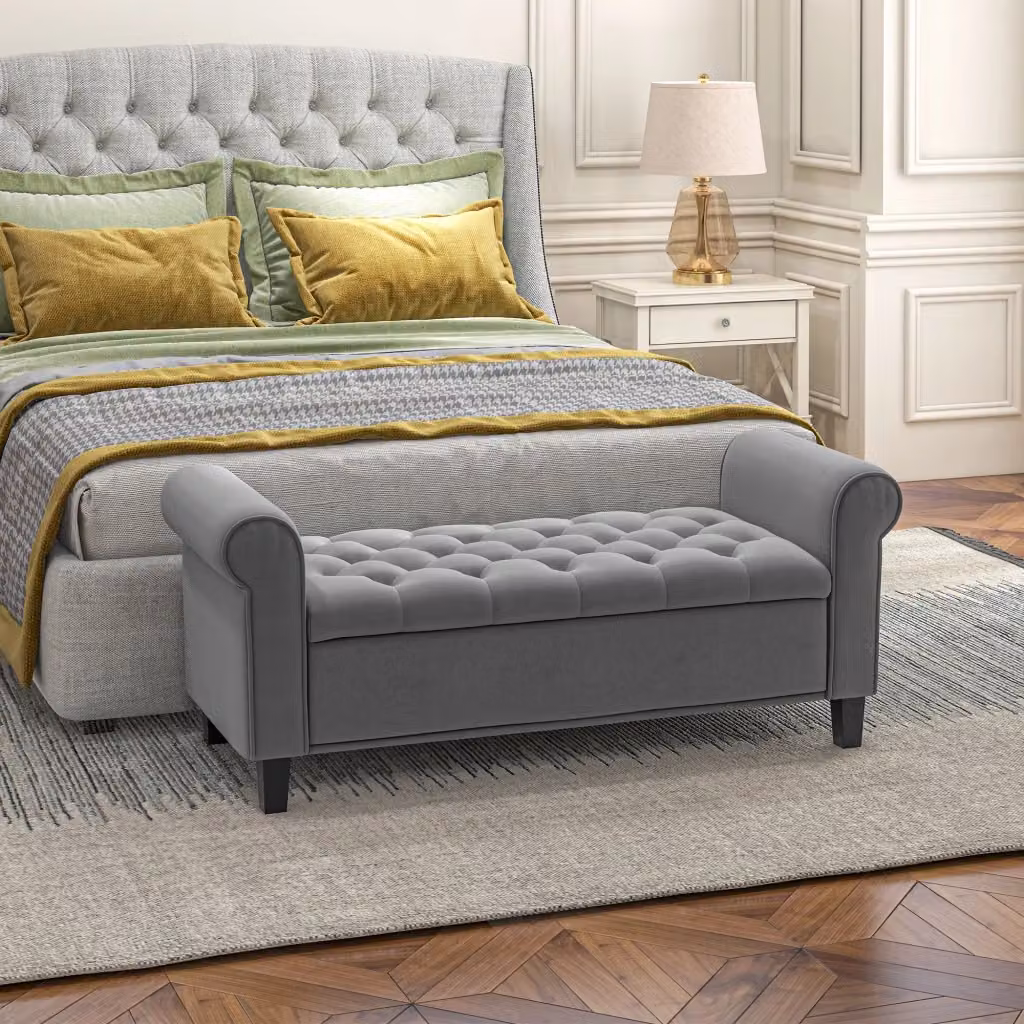 EasyComfort Panca Fondo Letto in Velluto con Braccioli e Contenitore, L: 120 cm, P: 48.5 cm, H: 57 cm, Grigio – 2
