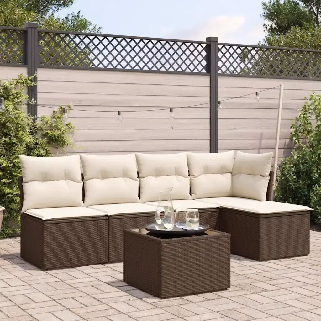 Set Divano da Giardino 6 pz DESIGN IN in Polyrattan Marrone e Bianco con Cuscini Imbottiti e Tavolino da Esterno – 2