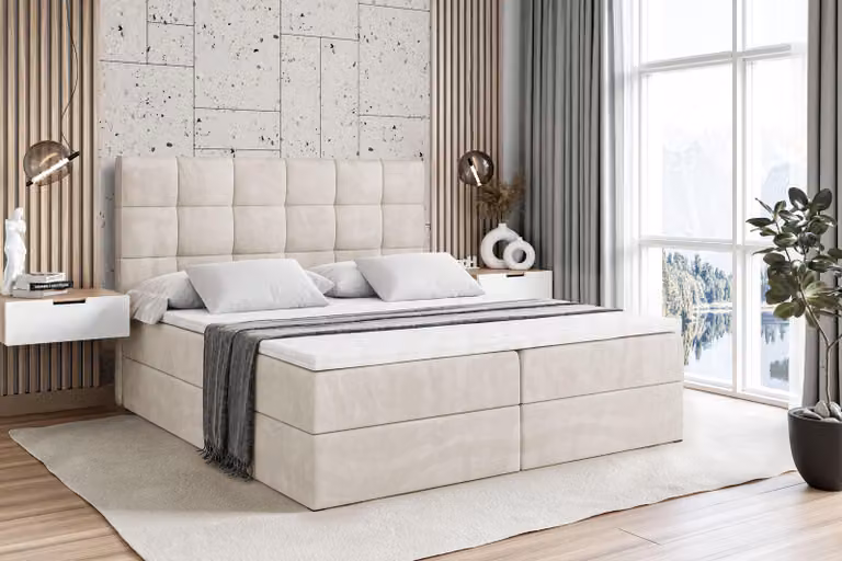 Letto boxspring ALTDECOR con materasso e rete a doghe - APO - 160x200 cm - Velluto beige - Letto boxspring, topper, letto imbottito con contenitore, letto con vano portaoggetti H4 - Materasso, letto matrimoniale, letto boxspring