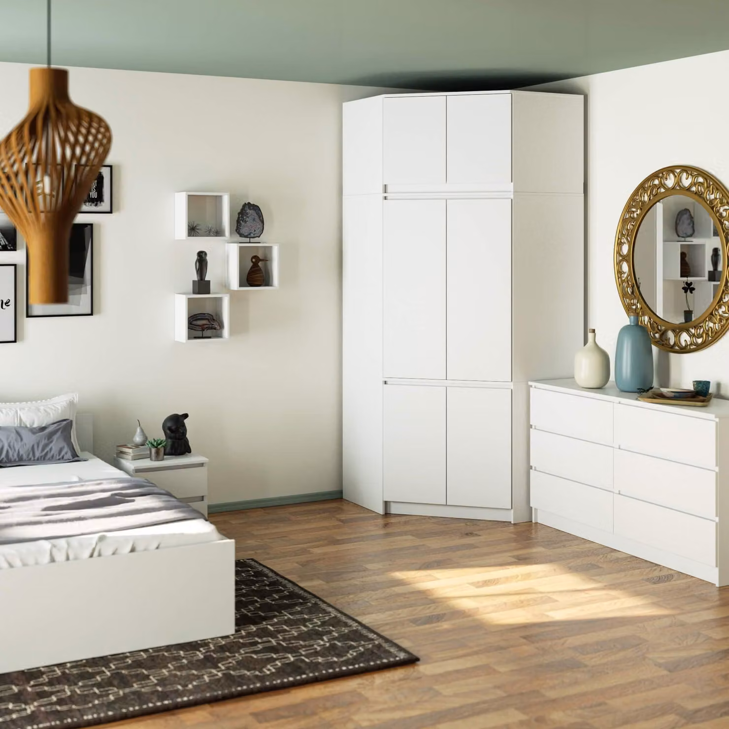 Pratico armadio ad angolo con ripiano superiore, 9 scomparti e 6 ante