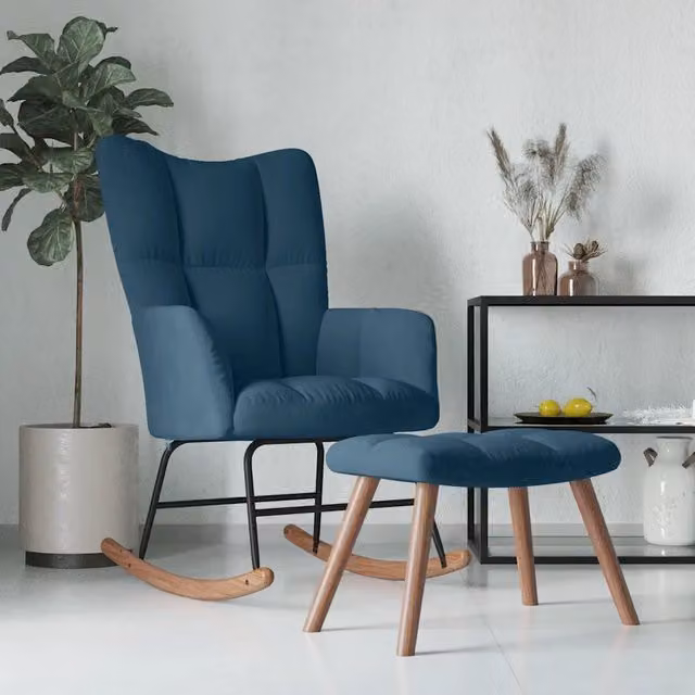 Sedia a dondolo relax con sgabello VIDAXL in velluto blu e struttura mista