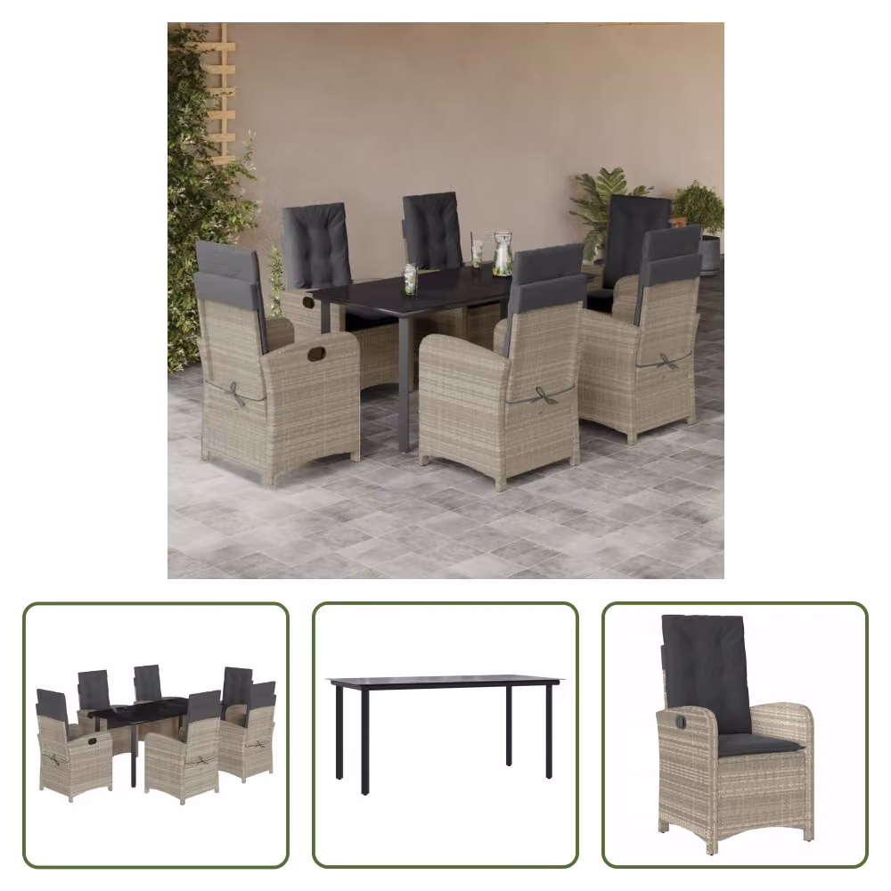 The Living Store Set da pranzo da giardino 7 pezzi con cuscini in poly rattan grigio chiaro