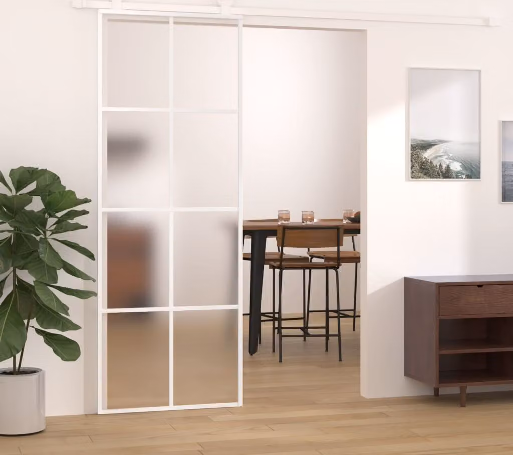 The Living Store Porta scorrevole ESG vetro e alluminio opaco 76x205 cm Bianco