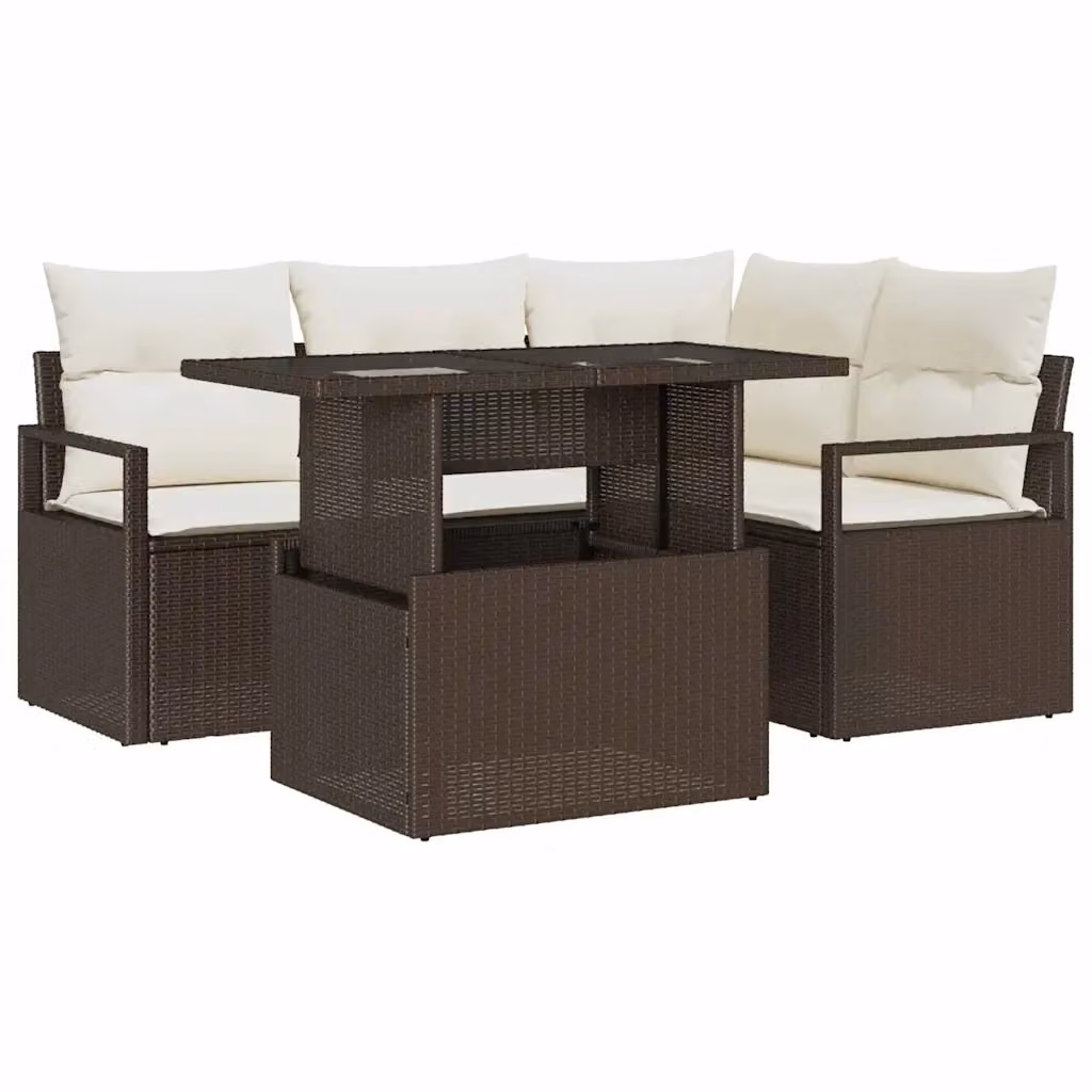 Set Divano da Giardino vidaXL 5 Pezzi con Tavolino, Marrone e Beige, Design Moderno in Polyrattan con Cuscini Inclusi e Struttura in Acciaio Verniciato a Polvere – 2