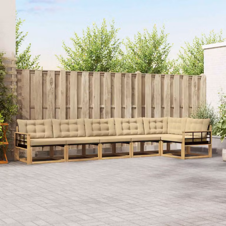Set di divani da esterno vidaXL a forma di L composto da 6 pezzi in legno di acacia con cuscini bianchi e beige