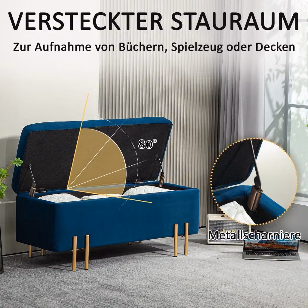 Panca contenitore OKWISH in legno e metallo blu per ingresso, soggiorno o camera da letto – 2
