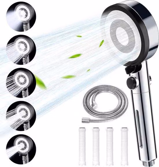 Soffione doccia in plastica con filtro - Alta pressione - 5 funzioni di getto - Monoblocco - Cromo - Plastica