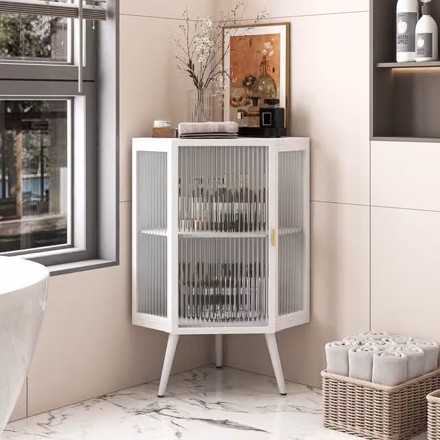 Mobiletto angolare da terra Minimal bianco con ante in vetro temperato e ripiani interni