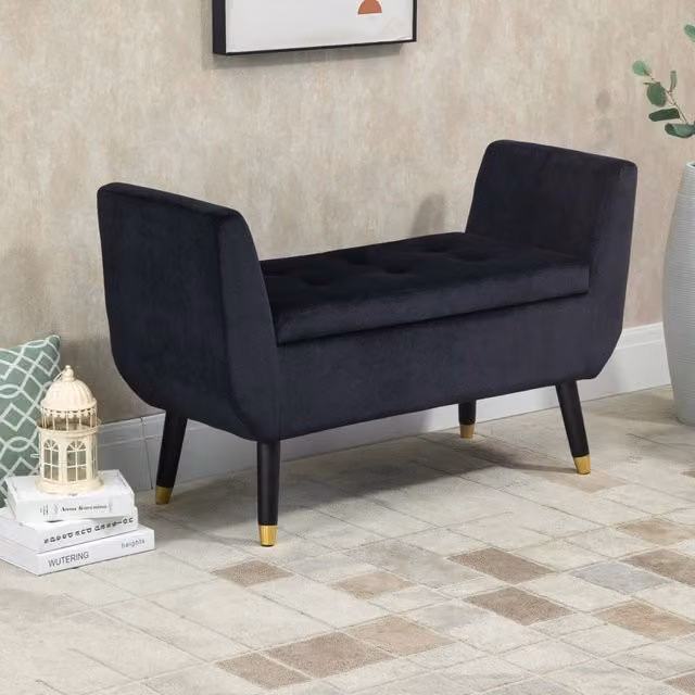 Panca contenitore con braccioli seduta imbottita e piedi regolabili in poliestere effetto velluto nero 107×42×65 cm