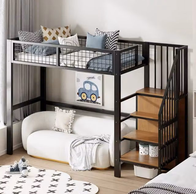 Letto a soppalco per bambini 90x200 cm con struttura in ferro, scala di sicurezza e armadio integrato, colore nero