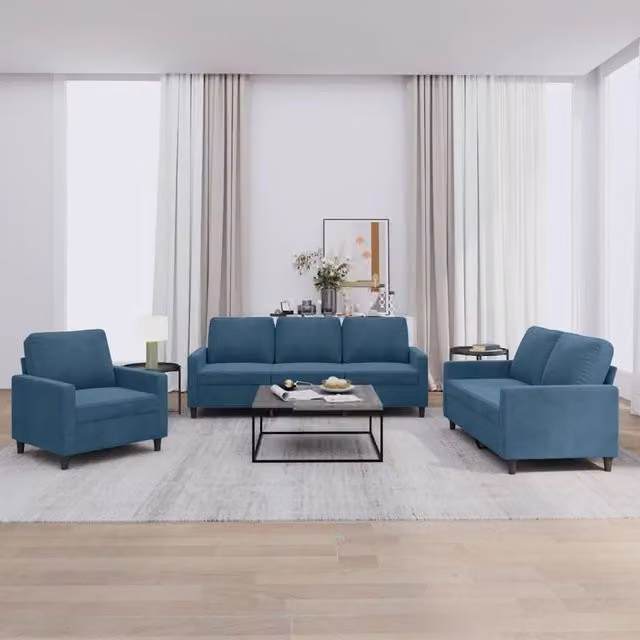 Set di divani 3 pezzi vidaXL in velluto blu con cuscini per soggiorno moderno L/P/H: 198 x 77 x 80 cm – 1