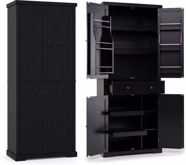 Armadio dispensa da cucina ripiani regolabili grande cassetto vassoi scorrevoli moderno alto, Mobile portaoggetti per cucina sala da pranzo soggiorno Nero