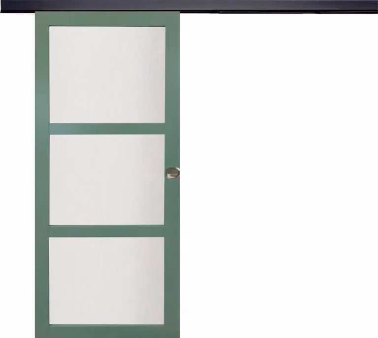 Porta scorrevole verde chiaro con vetro H204 x L83 cm, binario in alluminio con fascia nera, conchiglie Gd Menuserie