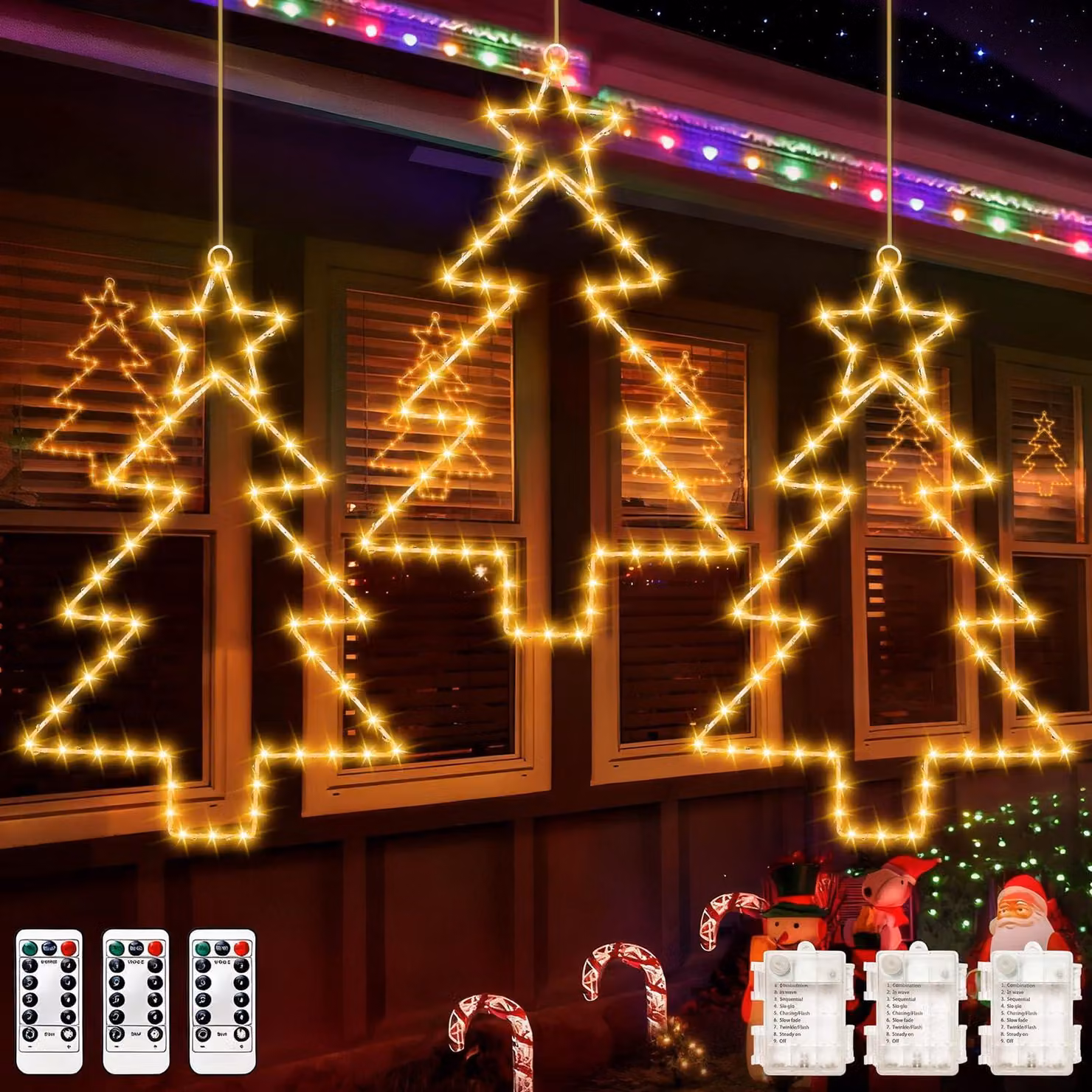 Set di 3 tende decorative per albero di Natale, con 55 LED, timer e 8 modalità di illuminazione