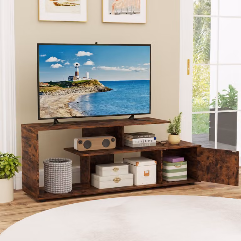 Console media Costway per soggiorno con 3 ripiani asimmetrici e armadietto, design moderno in MDF, Marrone