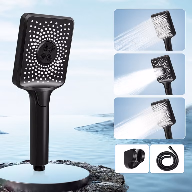 ZMH Soffione Nero Rotondo Doccia a mano risparmio d'acqua con 3 getti doccia a mano grande pressione aumentando l'efficienza energetica doccia con 1,5 m tubo bagno