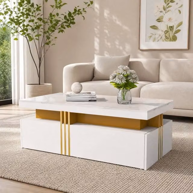 Tavolino basso fisso con 2 cassetti piano lucido effetto marmo bianco in pannello truciolare 100 × 50 × 40 cm