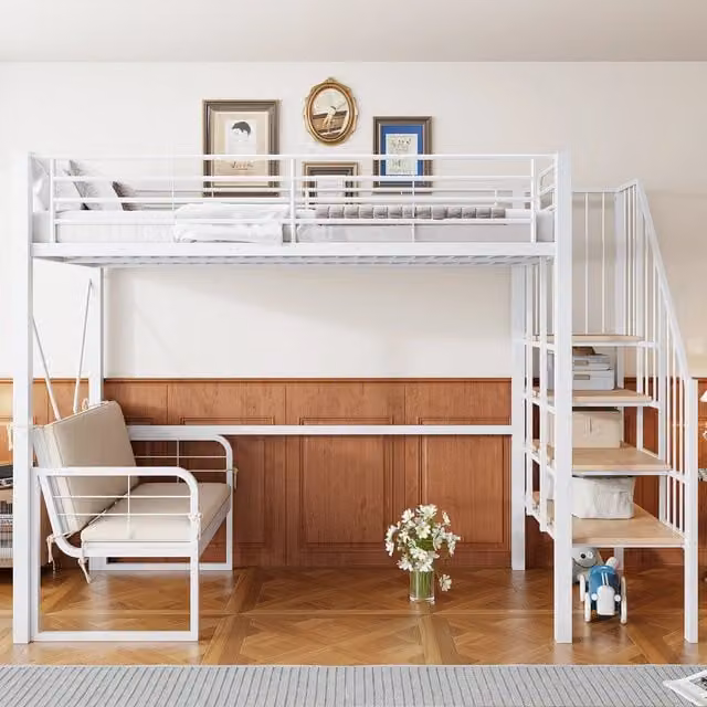 Letto a castello 90x200 cm in metallo bianco con divano removibile e scala contenitore