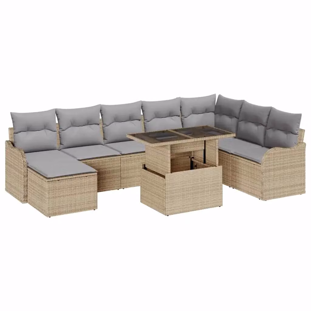 Set Divano da Giardino Moderno vidaXL a Forma a U in 9 Pezzi con Tavolino e Ottoman, Colore Beige e Grigio, Struttura in Acciaio Verniciato a Polvere e Cuscini Inclusi – 2