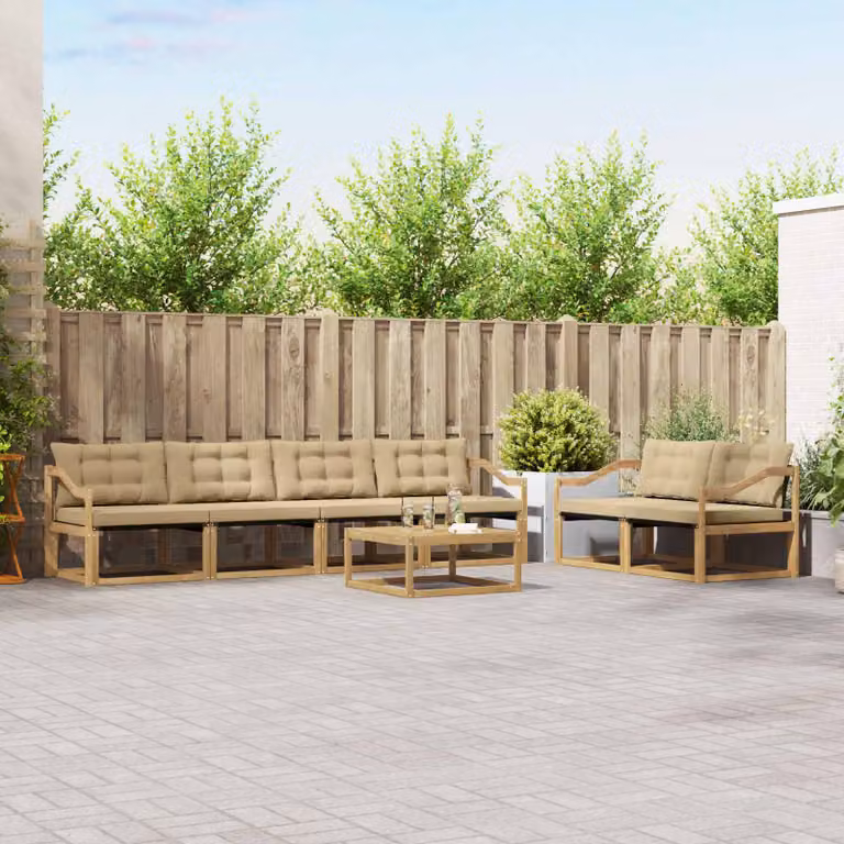 Set di divani da esterno vidaXL 7 pezzi in legno di acacia con tavolino e cuscini, Bianco e Beige