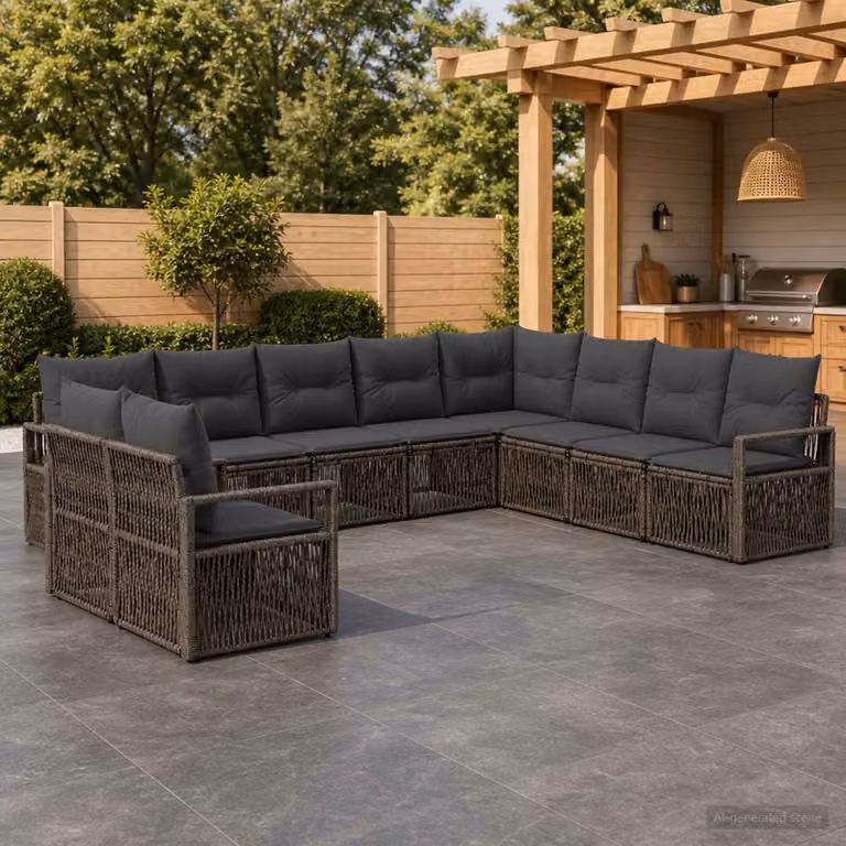 Set Divano da Giardino vidaXL 10 Pezzi a Forma di U in Polyrattan Grigio con Cuscini e Struttura in Acciaio