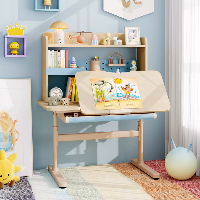Scrivania per bambini Costway con piano inclinabile e libreria regolabile in altezza, colore blu