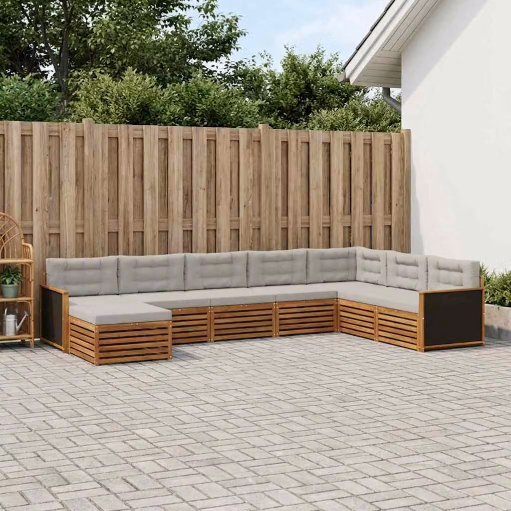 vidaXL Set di divani da esterno a L composto da 8 pezzi in legno di acacia con cuscini beige e grigio chiaro