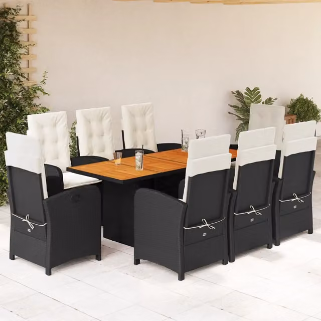 Set da pranzo da giardino vidaXL in legno di acacia e polyrattan da 9 pezzi con cuscini nero, marrone e bianco – 1