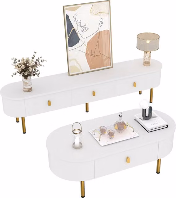 Set Soggiorno Mobile TV e Tavolino Bianco e Oro in MDF 174 cm