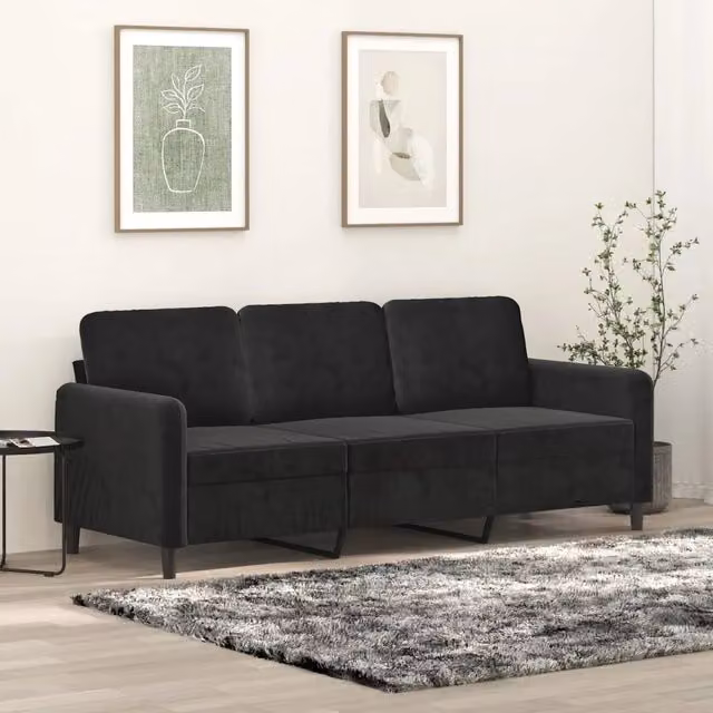 Divano moderno a 3 posti vidaXL in velluto nero con struttura in metallo L: 198 cm, P: 80 cm, H: 77 cm – 1