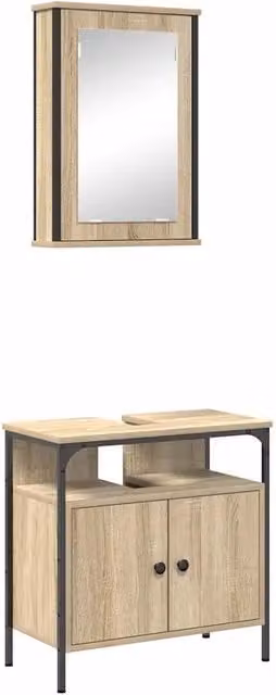 Set di mobili per il bagno moderno composto da mobile sottolavabo e pensile con specchio in legno e metallo marrone, L/P/H: 60 x 30 x 60 cm e L/P/H: 60 x 21,9 x 30 cm